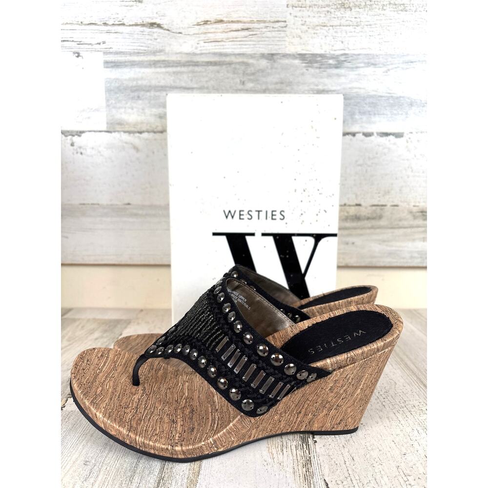 Westies Womens 10 Black Gemstone Wedge Sandals Slip On Casual NWT